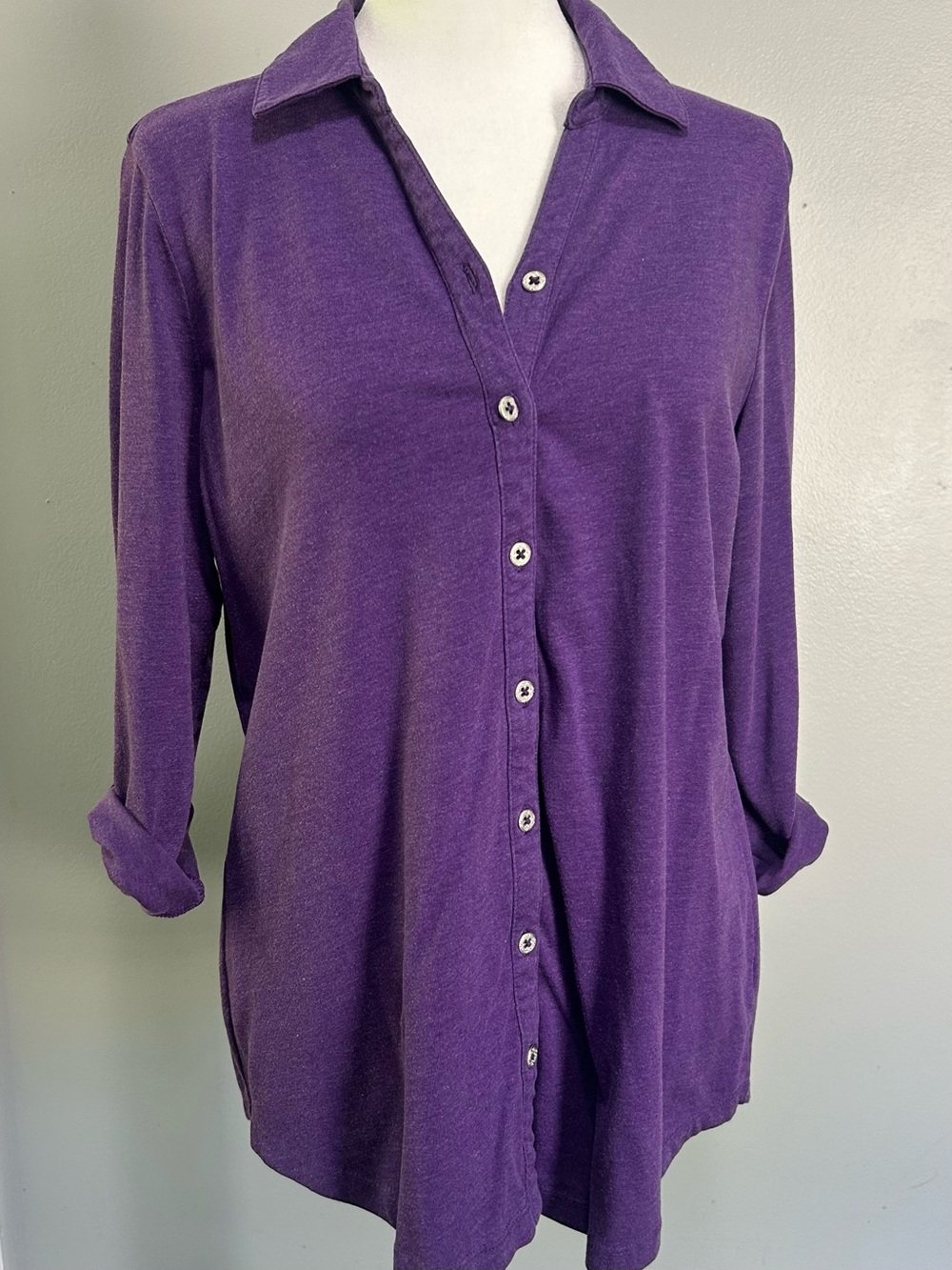 Kim Rogers Classic Purple Button-Down Women's Top V neck Soft Draping roll tab
